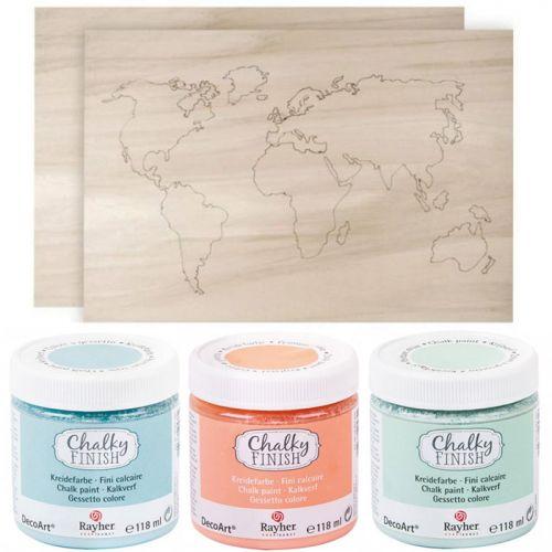 Wooden world map 42 x 29,7 cm + 3 chalk-paint colors