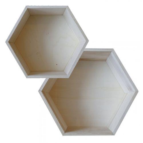 2 hexagonal wooden shelves - 27 x 23,5 cm & 30 x 26,5 cm