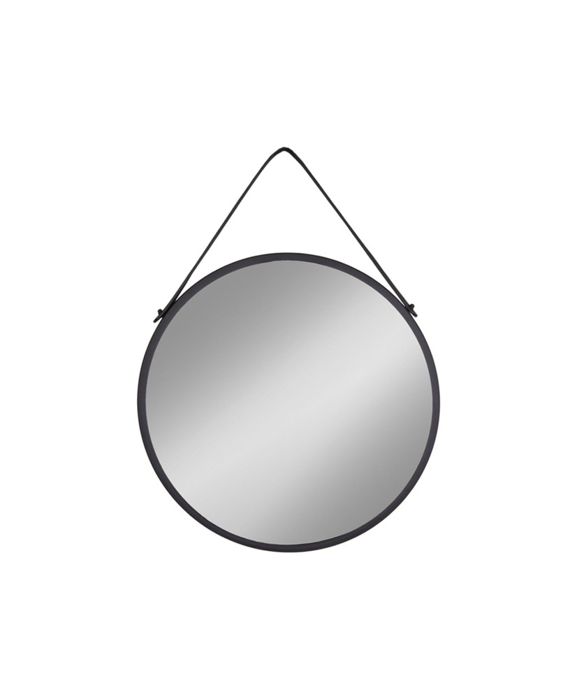 Specchio nero rotondo in acciaio con cinturino in pelle sintetica Ø 38 cm