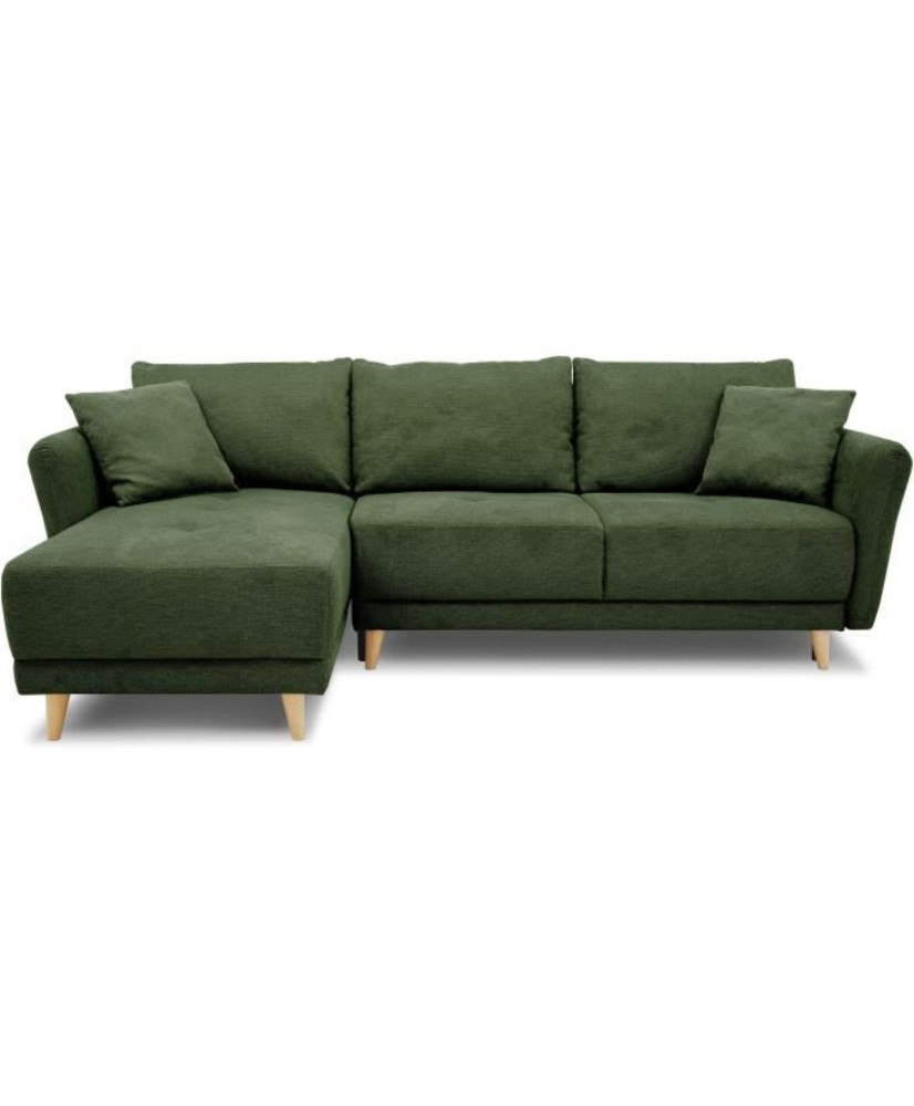 Canapé d'angle convertible réversible 3-4 places tissu Vert Olive à coffre  de rangement - 244 x 158 x Hauteur 95 cm