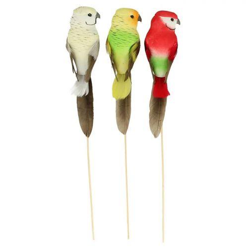 3 decorative parrots 14 x 4 x 3 cm mounted on wooden rods
