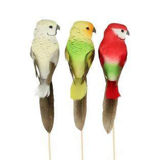 3 decorative parrots 14 x 4 x 3 cm mounted on wooden rods