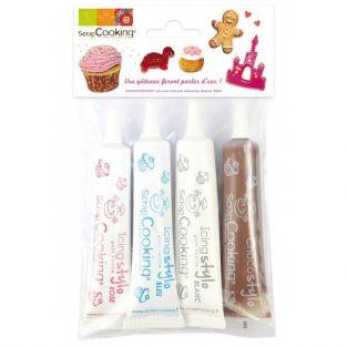 4 icing pens - white, pink, blue, chocolate