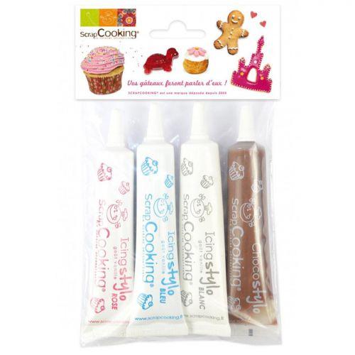 4 stylos de glaçage blanc, rose, bleu, chocolat