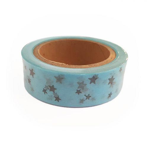 Blue Washi Tape with silver Stars 15 m x 15 mm