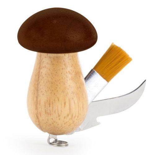 Mushroom tool keychain with cutting blade and cleaning brush