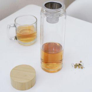 Tea infuser glass bottle with filter and bamboo lid