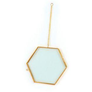 Vintage glass frame - hexagon with metal chain - 15 x 13 cm