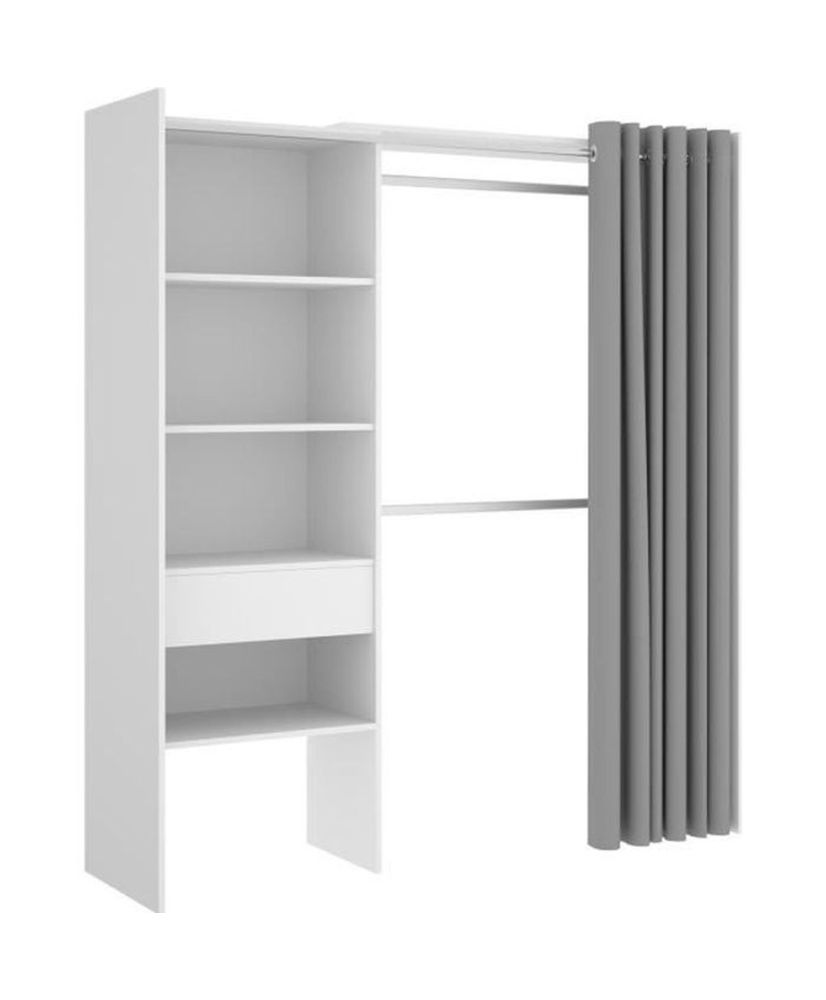 Dressing extensible avec rideau + 1 tiroir - Blanc - 160-113 x 50 x 205 cm - SUIT Dressing extensible avec rideau + 1 tiroir - Blanc - 160-113 x 50 x 205 cm - SUIT