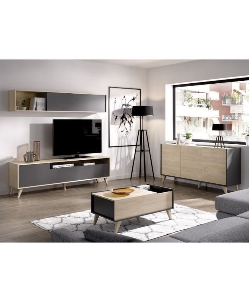 Mueble TV con mesa de centro tipo buffet KOLN - Melamina - Estilo escandinavo - Roble natural y grafito Mueble TV con mesa de centro tipo buffet KOLN - Melamina - Estilo escandinavo - Roble natural y grafito