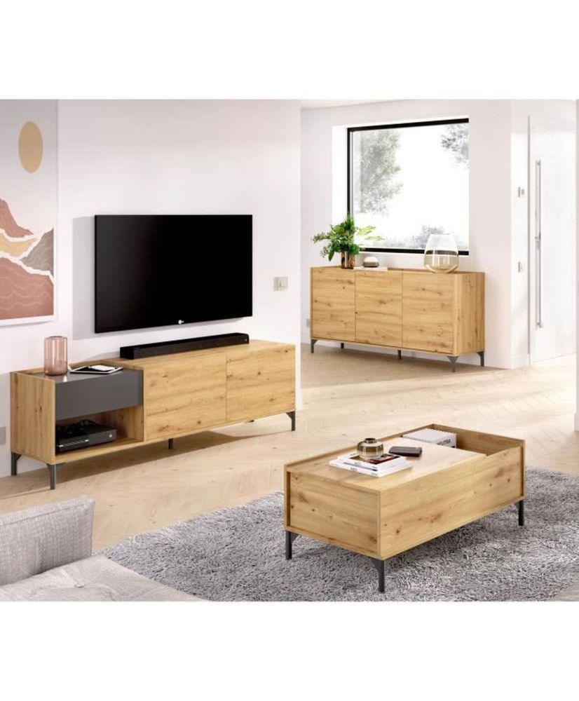 Conjunto de salón mueble TV 164 cm + mesa de centro elevable + aparador 155 cm - Melamina Conjunto de salón mueble TV 164 cm + mesa de centro elevable + aparador 155 cm - Melamina
