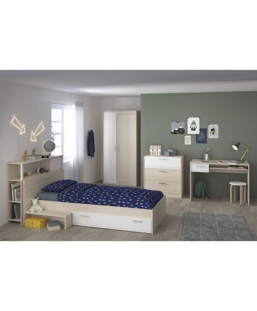 Dormitorio infantil completo - Cabecero + cama + cómoda + armario + escritorio - acacia clara y blanca Dormitorio infantil completo - Cabecero + cama + cómoda + armario + escritorio - acacia clara y blanca