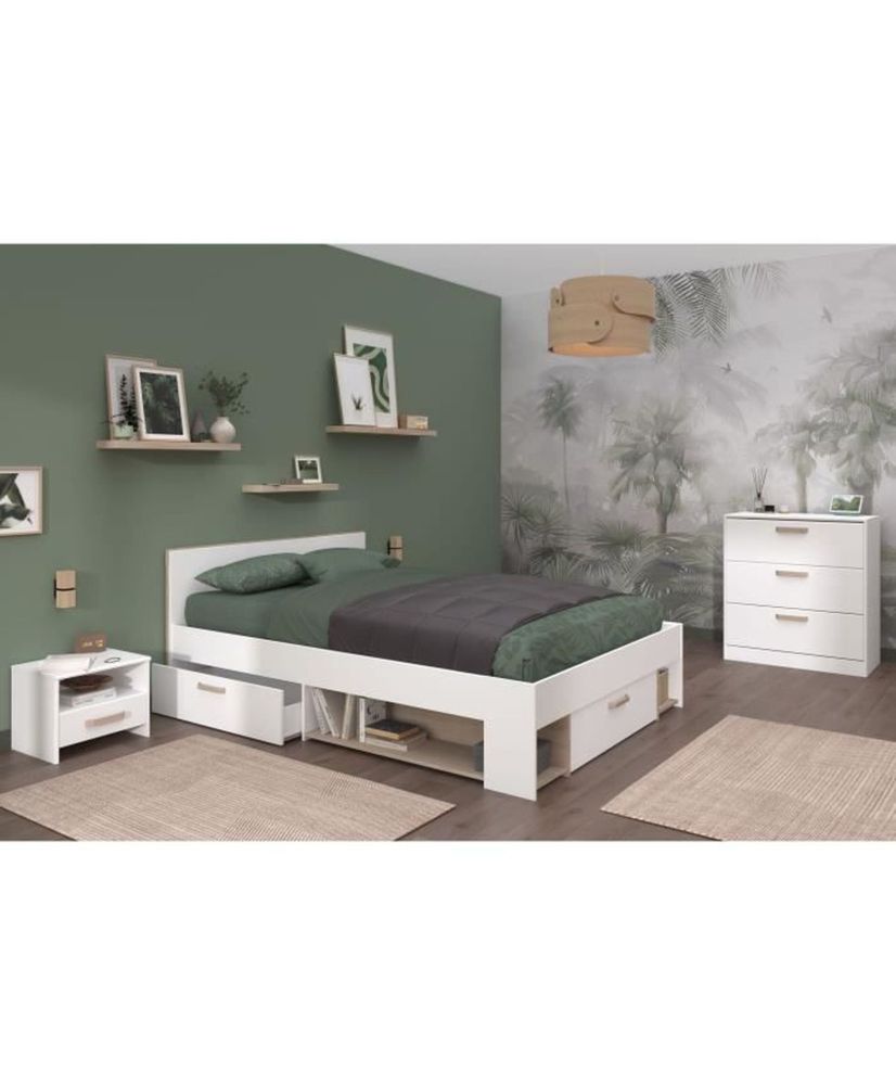 Dormitorio adulto completo: Cama 140 x 190/200 cm + 2 mesitas de noche + Cómoda - blanco y roble Dormitorio adulto completo: Cama 140 x 190/200 cm + 2 mesitas de noche + Cómoda - blanco y roble