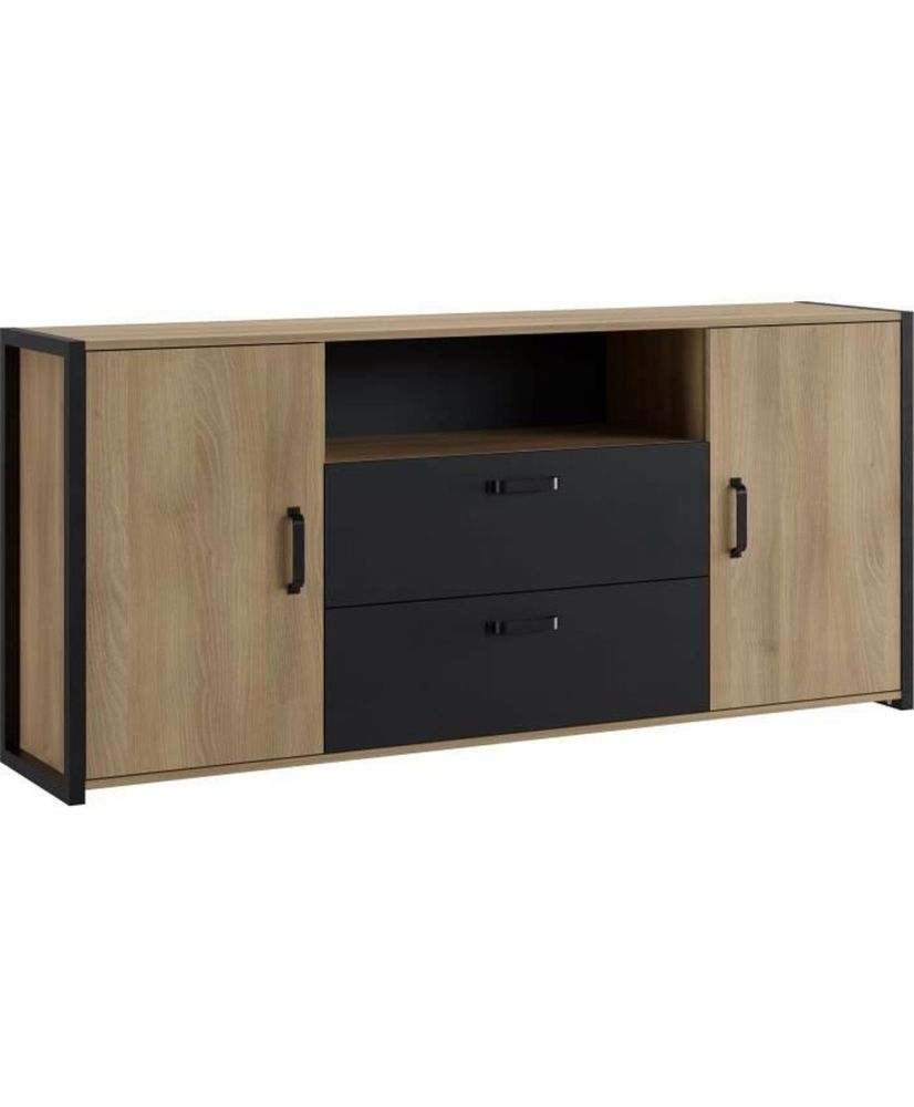 Credenza in melamina rovere e nero - stile industriale - 180 x 40 x 84 cm Credenza in melamina rovere e nero - stile industriale - 180 x 40 x 84 cm