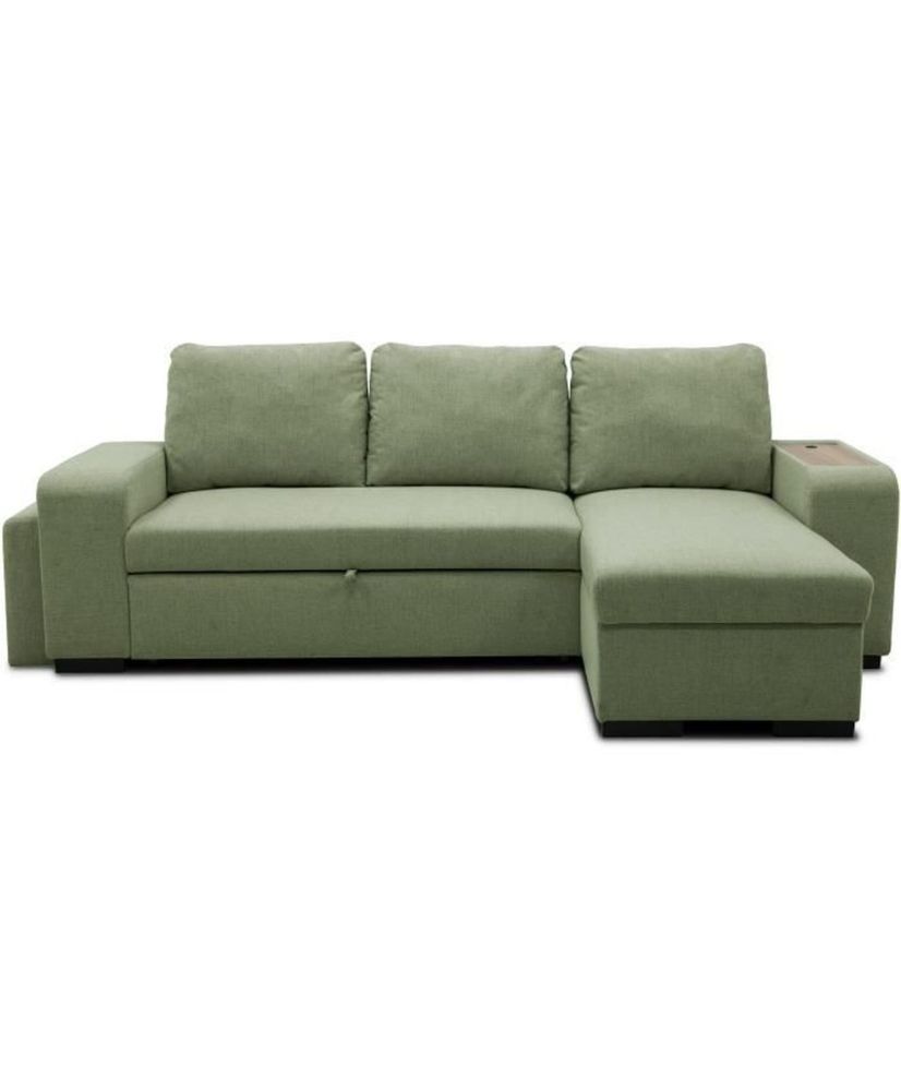 VALDO 3 to 4 seater reversible convertible corner sofa - Neve Sage fabric - Tablet with USB - Box + Pouf - 247x143x86 cm VALDO 3 to 4 seater reversible convertible corner sofa - Neve Sage fabric - Tablet with USB - Box + Pouf - 247x143x86 cm