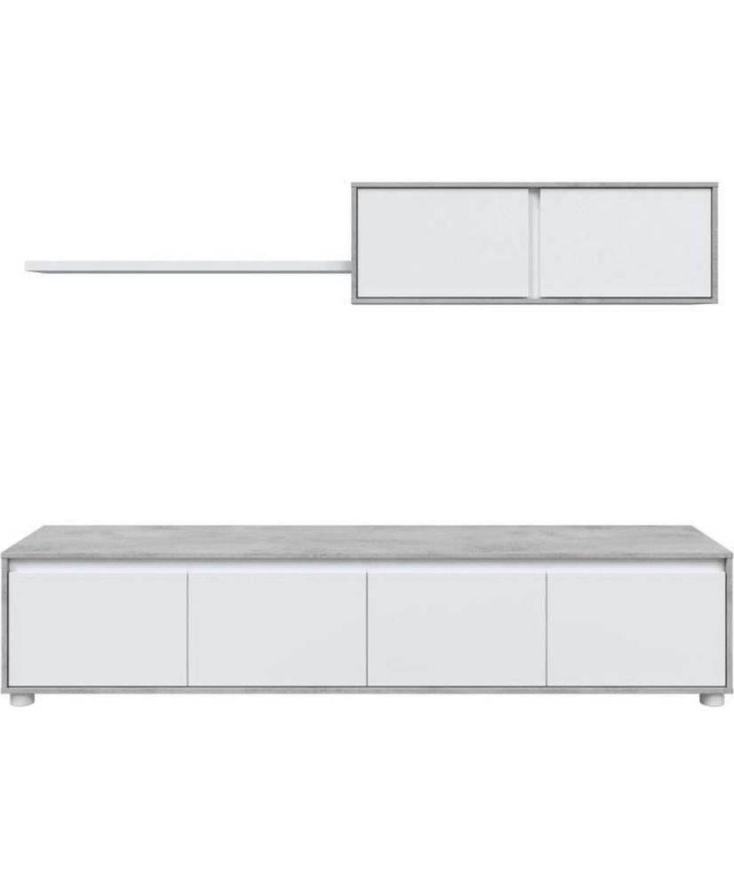 ALIDA TV-Schrank-Set – 4-türiger Unterschrank + 2-türiger Hochschrank + Hängeregal – Weiß und Zement ALIDA TV-Schrank-Set – 4-türiger Unterschrank + 2-türiger Hochschrank + Hängeregal – Weiß und Zement