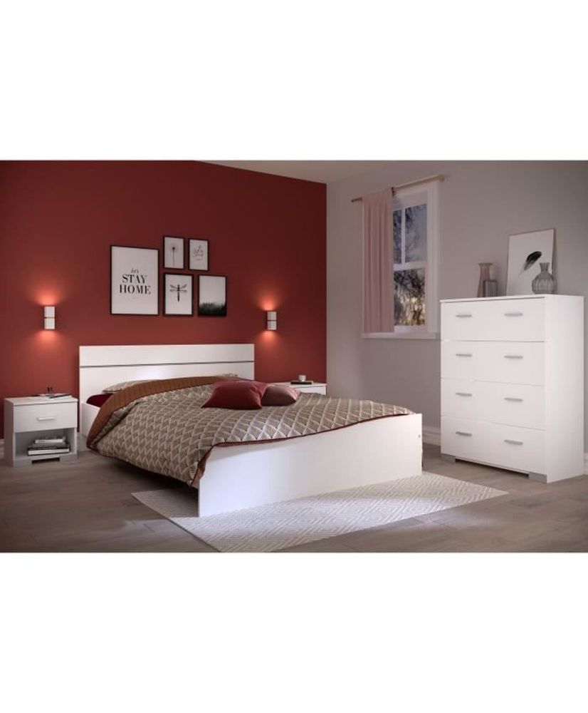 Komplettes Schlafzimmer BOSTON: Erwachsenenbett 140 x 190 + Kommode + 2 Nachttische – weiß Komplettes Schlafzimmer BOSTON: Erwachsenenbett 140 x 190 + Kommode + 2 Nachttische – weiß