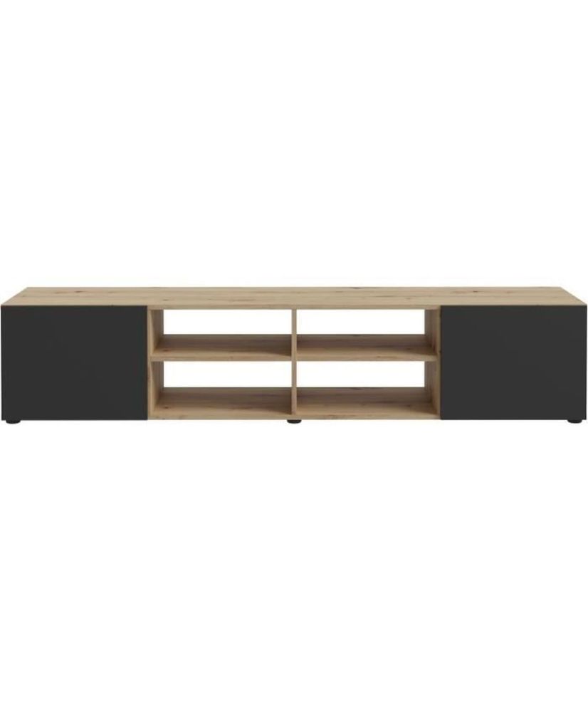 PILVI TV-Schrank – Eiche und Schwarz – 2 Türen + 4 Nischen – 180 x 42 x 37 cm PILVI TV-Schrank – Eiche und Schwarz – 2 Türen + 4 Nischen – 180 x 42 x 37 cm