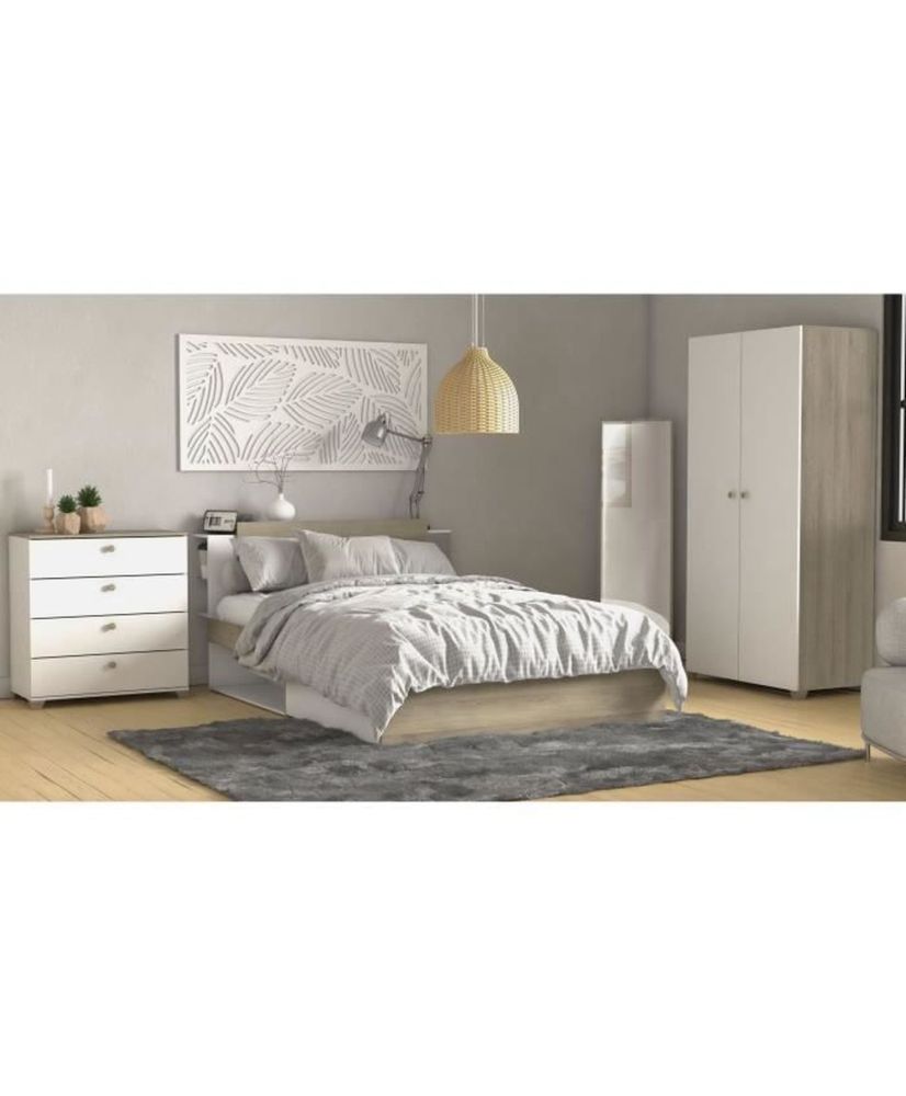 Chambre complete adulte LIFE : Lit + Commode + Armoire - chêne et blanc Chambre complete adulte LIFE : Lit + Commode + Armoire - chêne et blanc