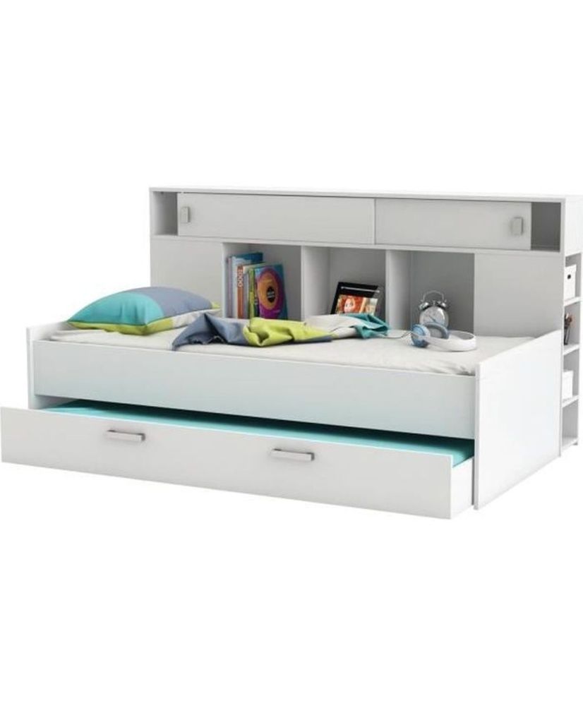 Letto estraibile per bambini Sherwood - Testiera integrata con ripiani - Bianco perla - 90 x 200 cm Letto estraibile per bambini Sherwood - Testiera integrata con ripiani - Bianco perla - 90 x 200 cm
