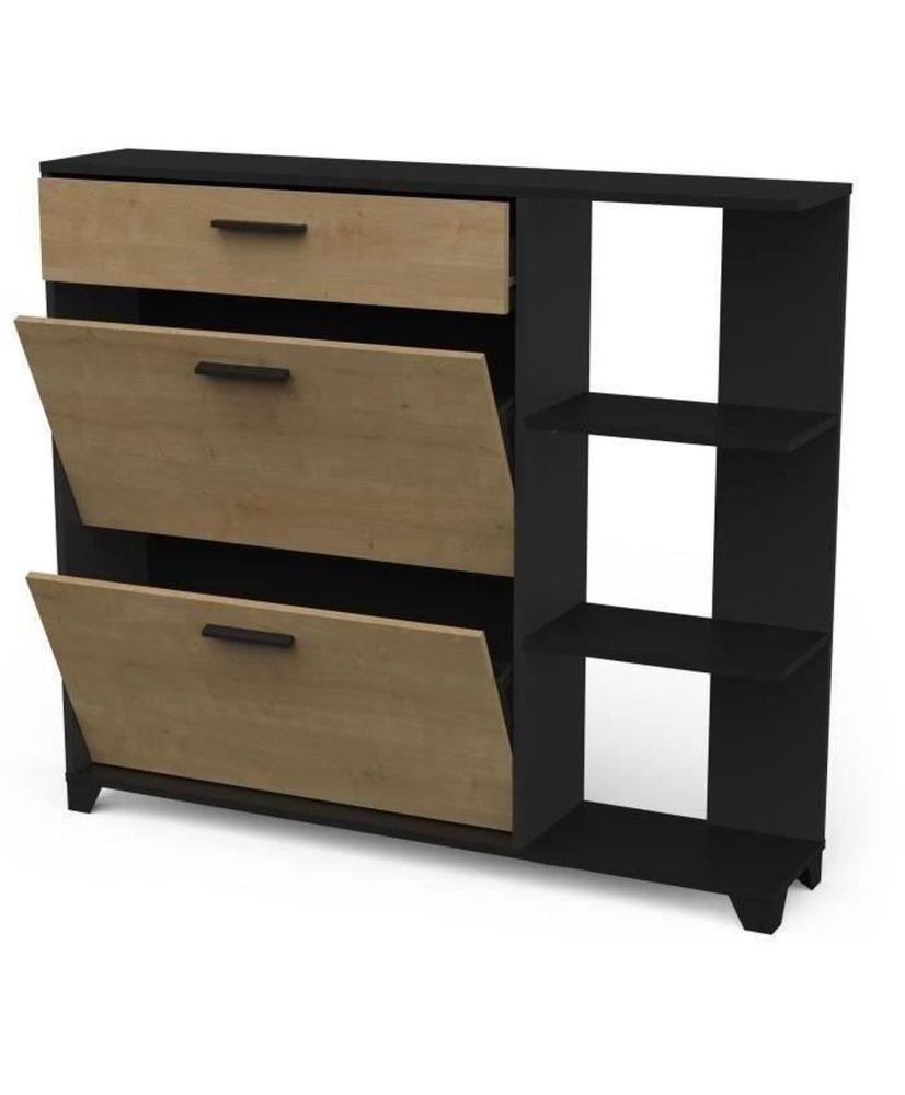 COBBLER Schuhschrank – 12 Paar – Eiche – 2 Klappen + 1 Schublade + 3 Nischen – 120 x 24,4 x 104,3 cm COBBLER Schuhschrank – 12 Paar – Eiche – 2 Klappen + 1 Schublade + 3 Nischen – 120 x 24,4 x 104,3 cm