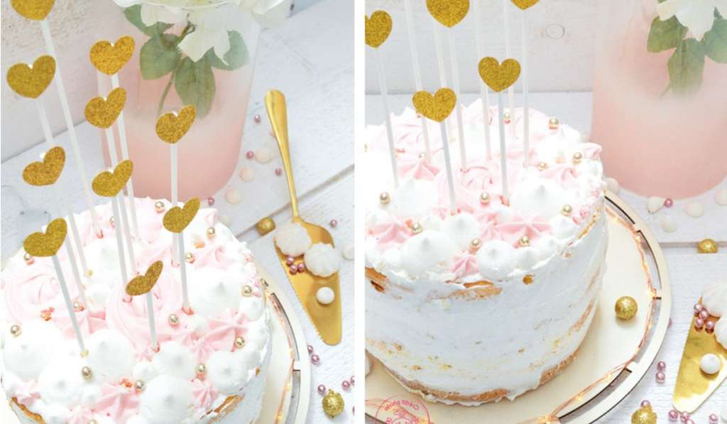 Gâteau à la crème décoré pour mariage et Saint-Valentin. Roses blanches et spatule dorée.